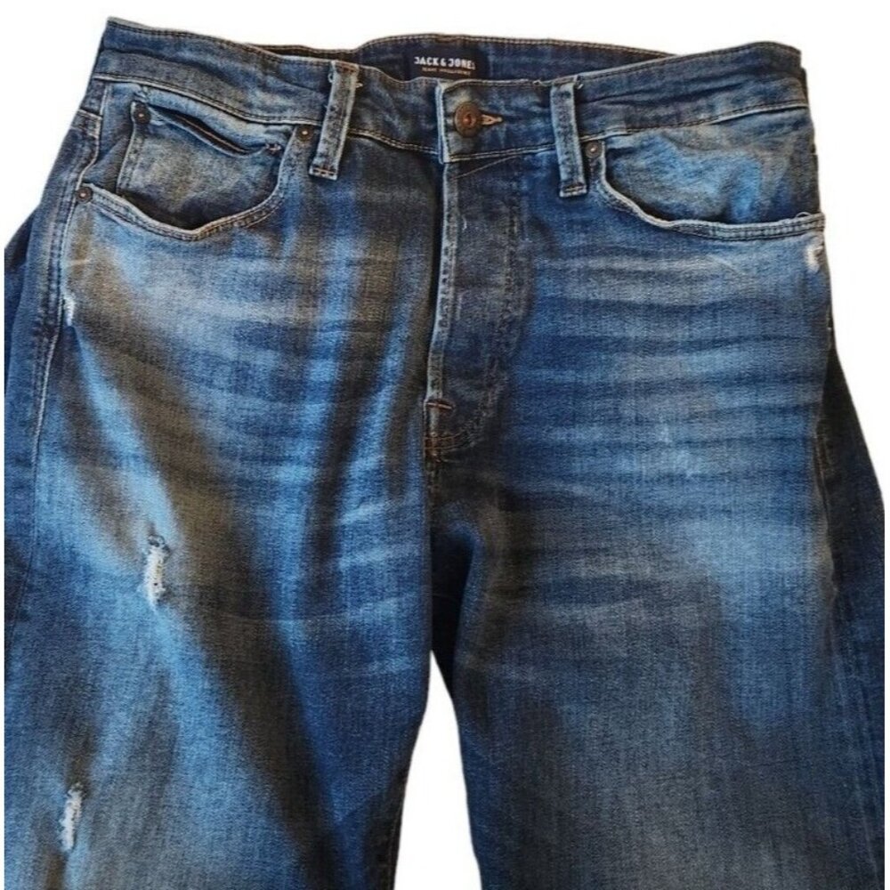 Jack & Jones 32 x 34 Button Fly Tapered Fred Jeans Distressed Medium Wash